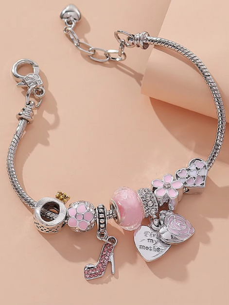 Gold Plated High Heels Pendant Pink Flower Bracelet Heart and Rose Shape Charms
