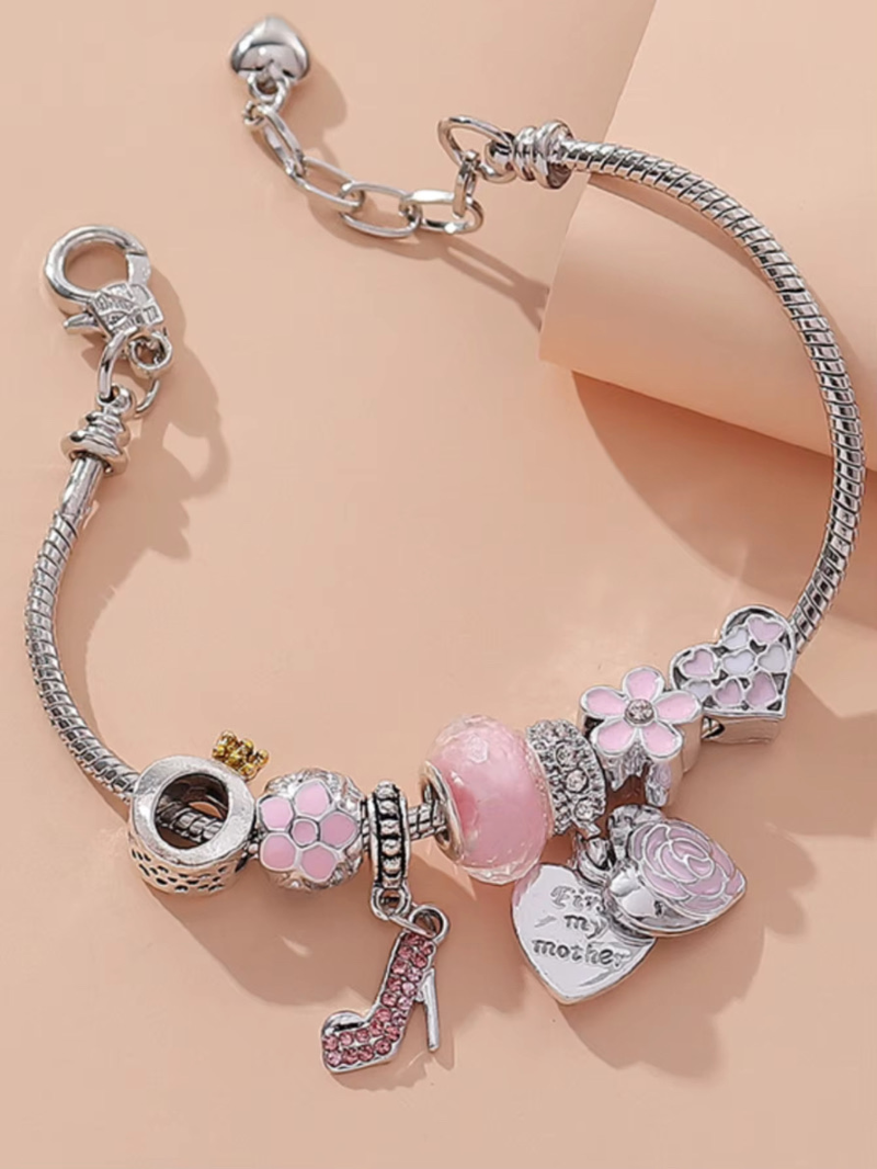 Gold Plated High Heels Pendant Pink Flower Bracelet Heart and Rose Shape Charms