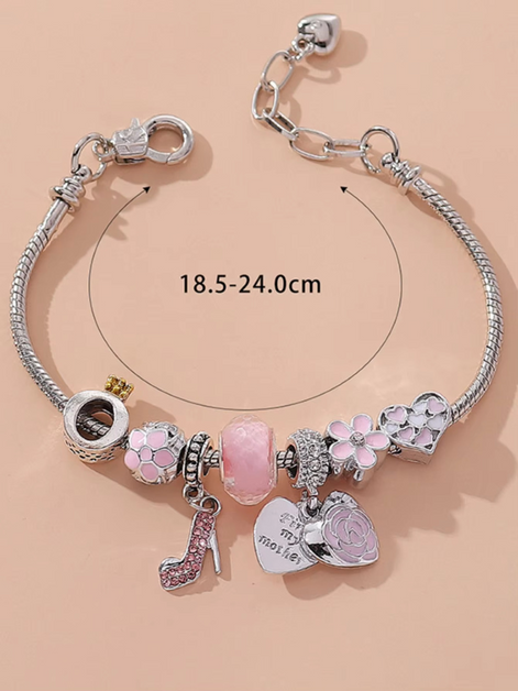 Gold Plated High Heels Pendant Pink Flower Bracelet Heart and Rose Shape Charms