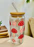 Red Mushroom - Clear Glass Cup  with Lid & Straw
