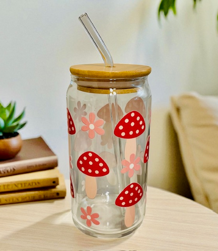 Red Mushroom - Clear Glass Cup  with Lid & Straw