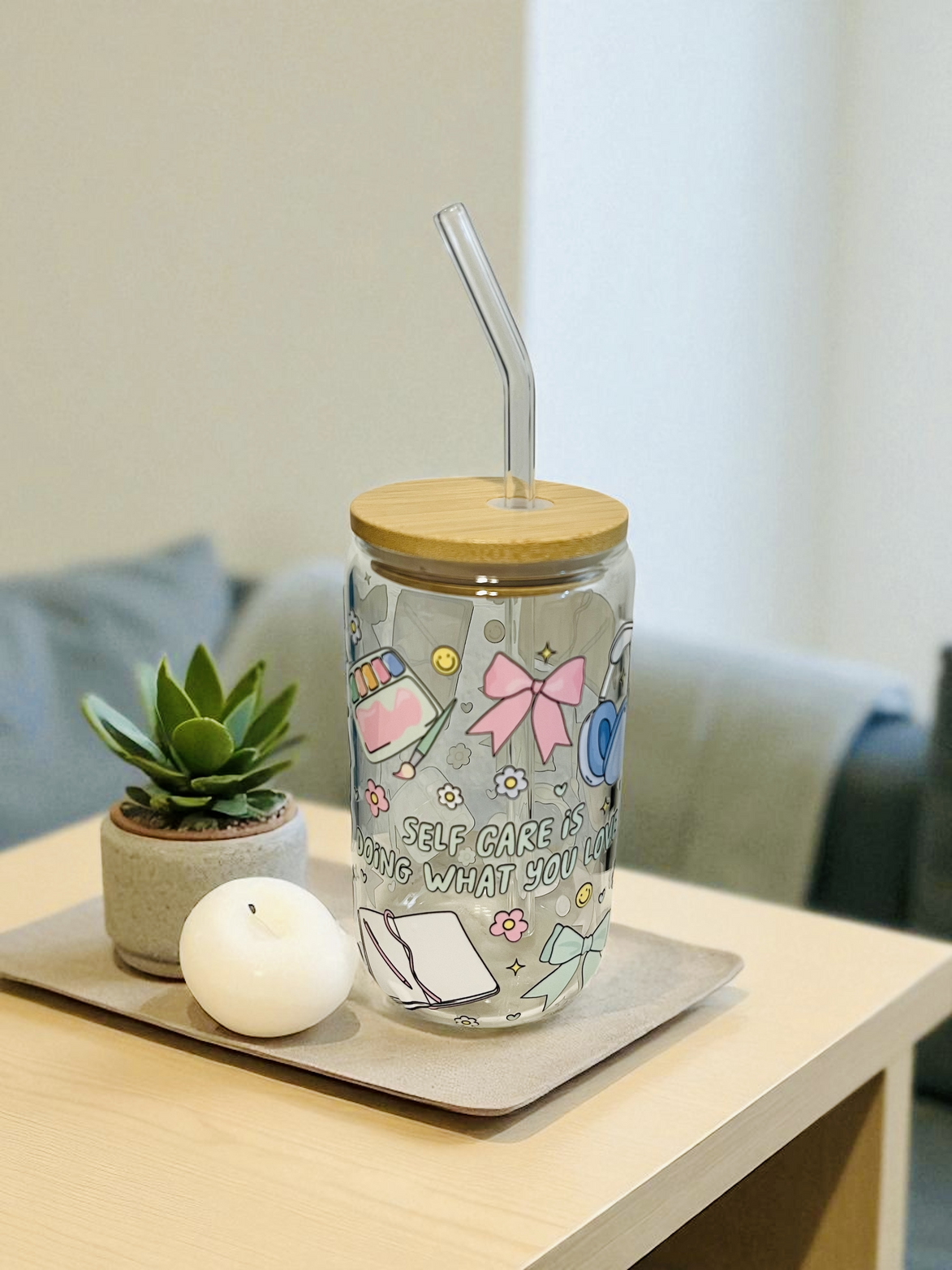 Self Care - Clear Glass Cup with Lid & Straw