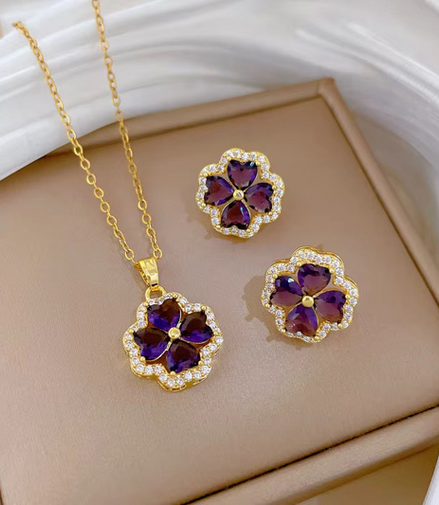 Fashion Set Jewelries Necklace + Earrings Purple Color with Diamond