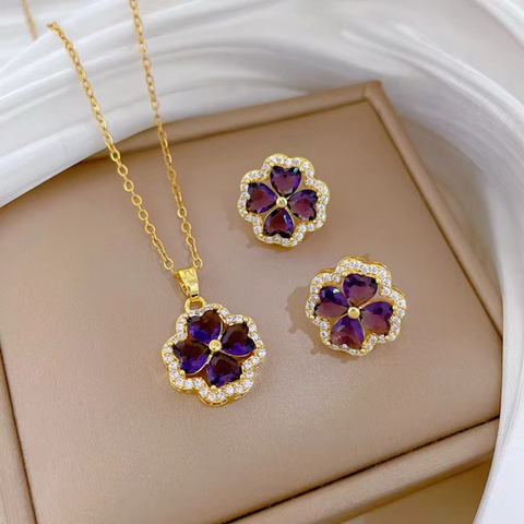 Fashion Set Jewelries Necklace + Earrings Purple Color with Diamond