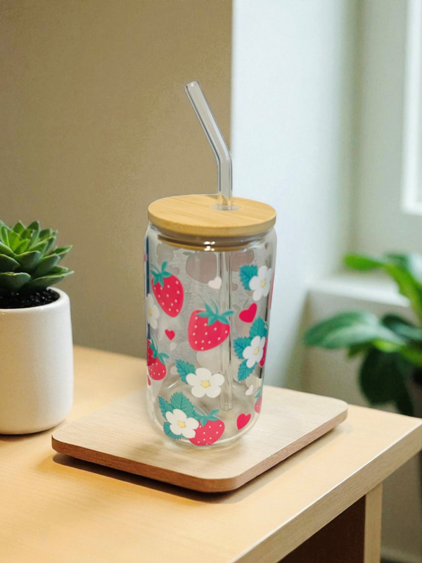 Strawberry - Clear Glass Cup with Lid & Straw