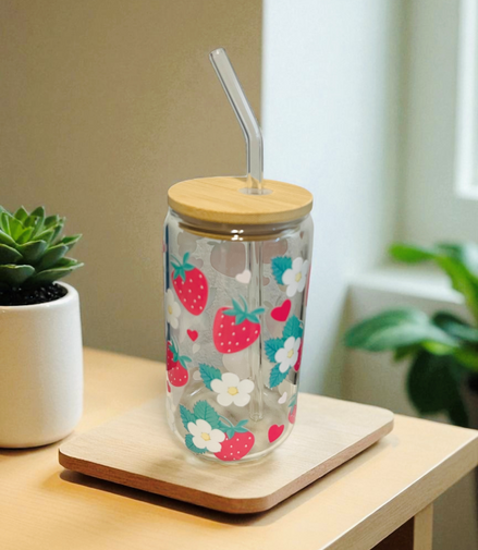Strawberry - Clear Glass Cup with Lid & Straw