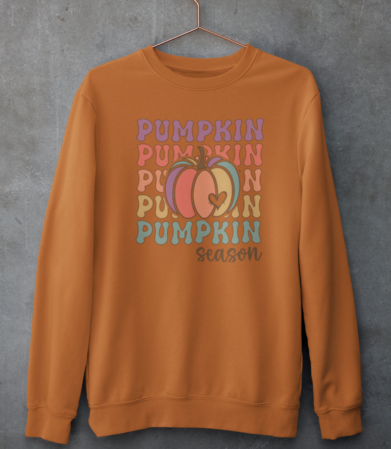 Brown sweatshirt with 'Pumpkin Season' text and pumpkins on a gray background