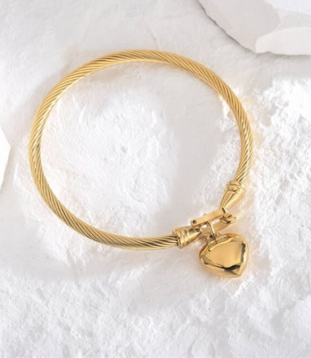 Bangle 18K Gold Plated Stainless Steel Smooth Chunky Love Heart Pendant Wire Bangle