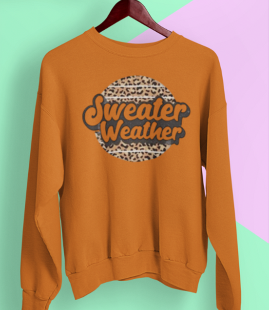 Orange sweatshirt with 'Sweater Weather' text and leopard print design on a hanger against a colorful background.
