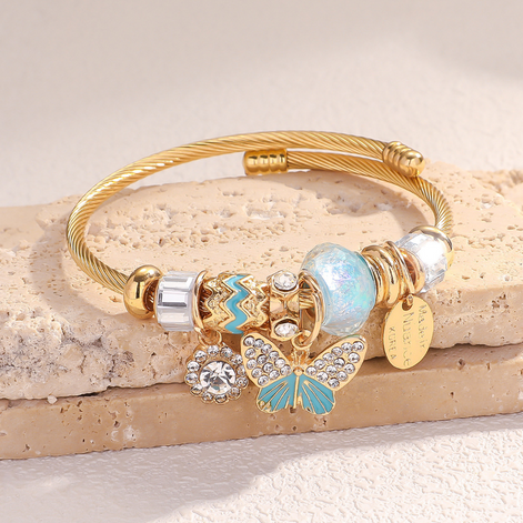 Gold-Plated Stainless-Steel Crystal CZ butterfly Charm Bracelet Large Hole Beads