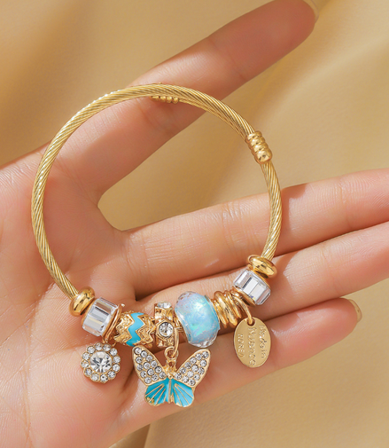 Gold-Plated Stainless-Steel Crystal CZ butterfly Charm Bracelet Large Hole Beads