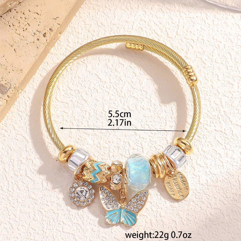 Gold-Plated Stainless-Steel Crystal CZ butterfly Charm Bracelet Large Hole Beads