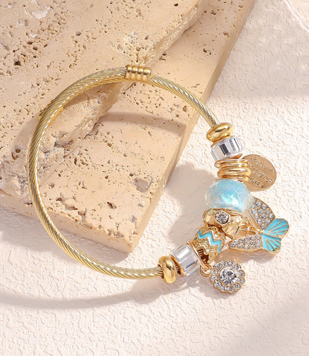 Gold-Plated Stainless-Steel Crystal CZ butterfly Charm Bracelet Large Hole Beads