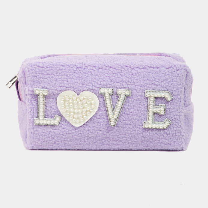 Pearly Studded Love Sherpa Make up Pouch