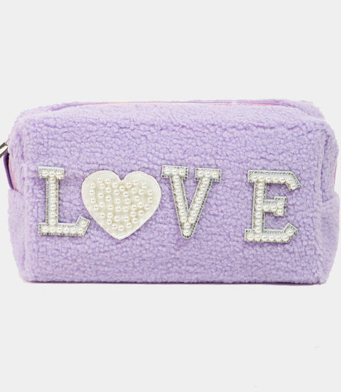 Pearly Studded Love Sherpa Make up Pouch