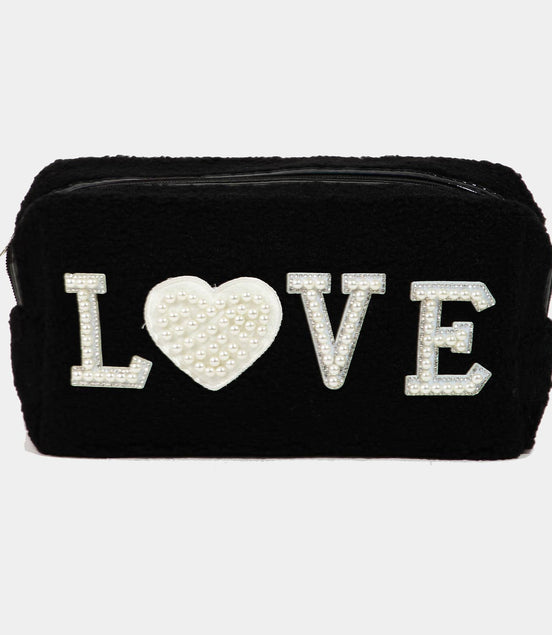 Black pouch with 'LOVE' text in white letters on a light gray background