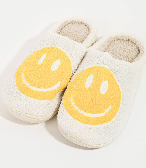 Happy Face Fuzzy Slippers - Yellow