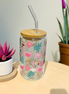 Flamingo! Clear Glass Cup with Lid & Straw