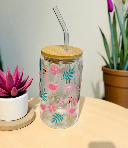 Flamingo! Clear Glass Cup with Lid & Straw
