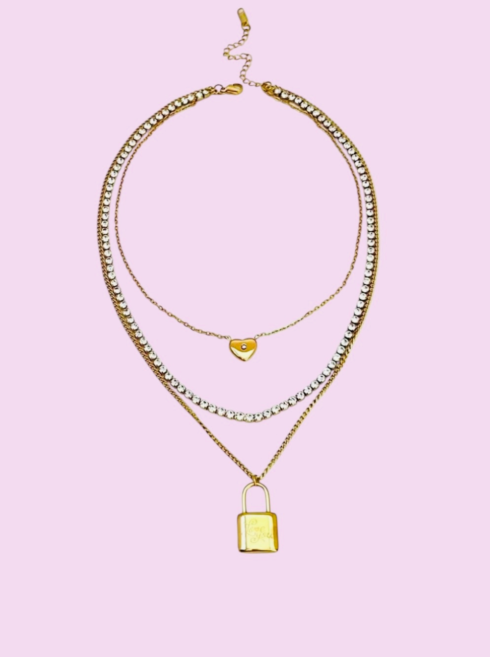 Layered Gold Necklace with Heart and Gold Padlock