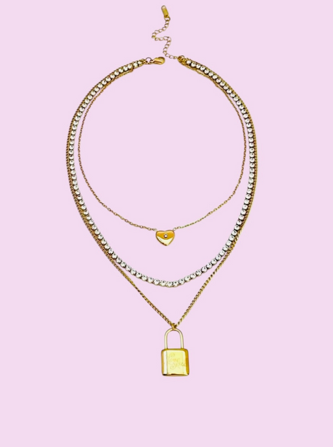 Layered Gold Necklace with Heart and Gold Padlock
