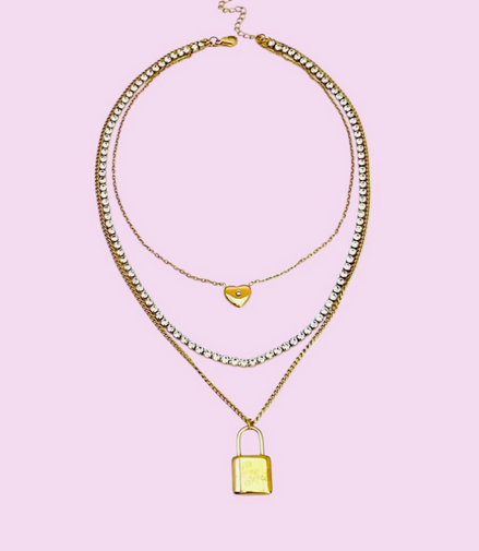 Layered Gold Necklace with Heart and Gold Padlock