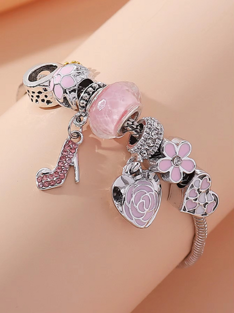 Gold Plated High Heels Pendant Pink Flower Bracelet Heart and Rose Shape Charms