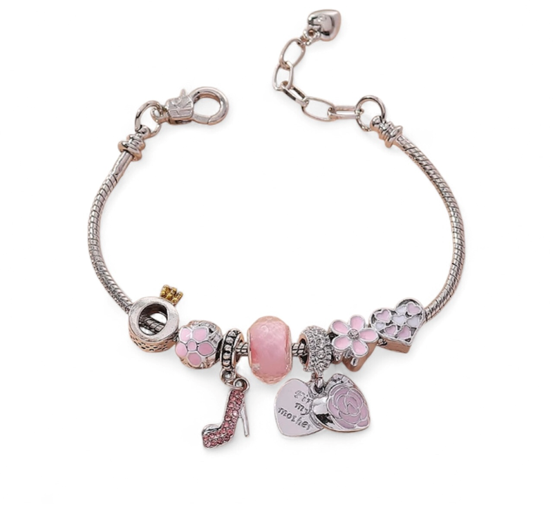 Gold Plated High Heels Pendant Pink Flower Bracelet Heart and Rose Shape Charms