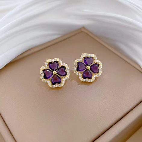 Fashion Set Jewelries Necklace + Earrings Purple Color with Diamond
